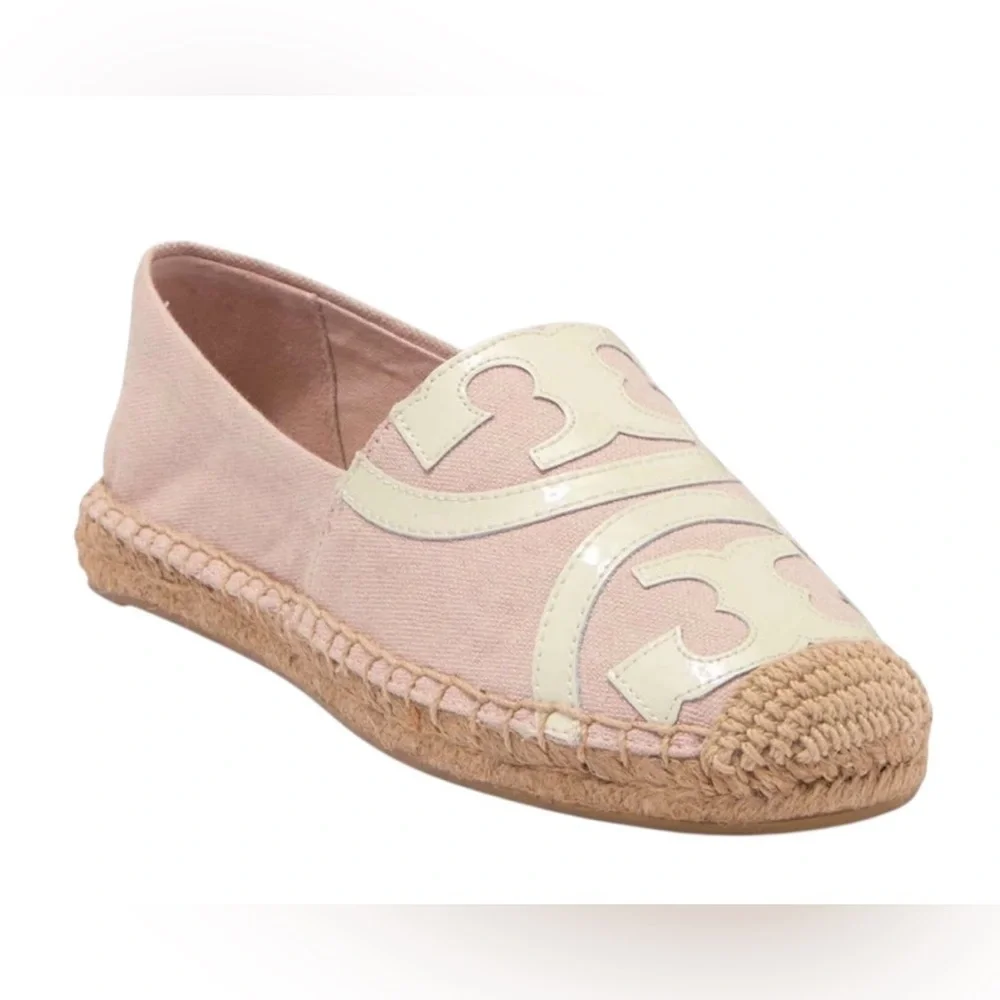 Tory Burch - Poppy Espadrille Flats Pink Canvas Double T Logo Sz 6.5